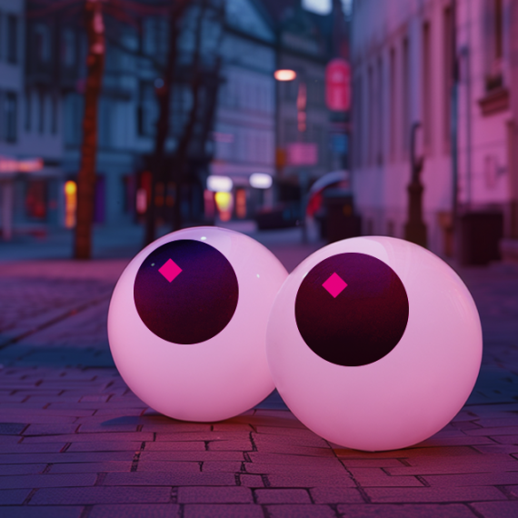 Zwei medizinballgro&szlig;e Augen liegen auf der Stra&szlig;e 